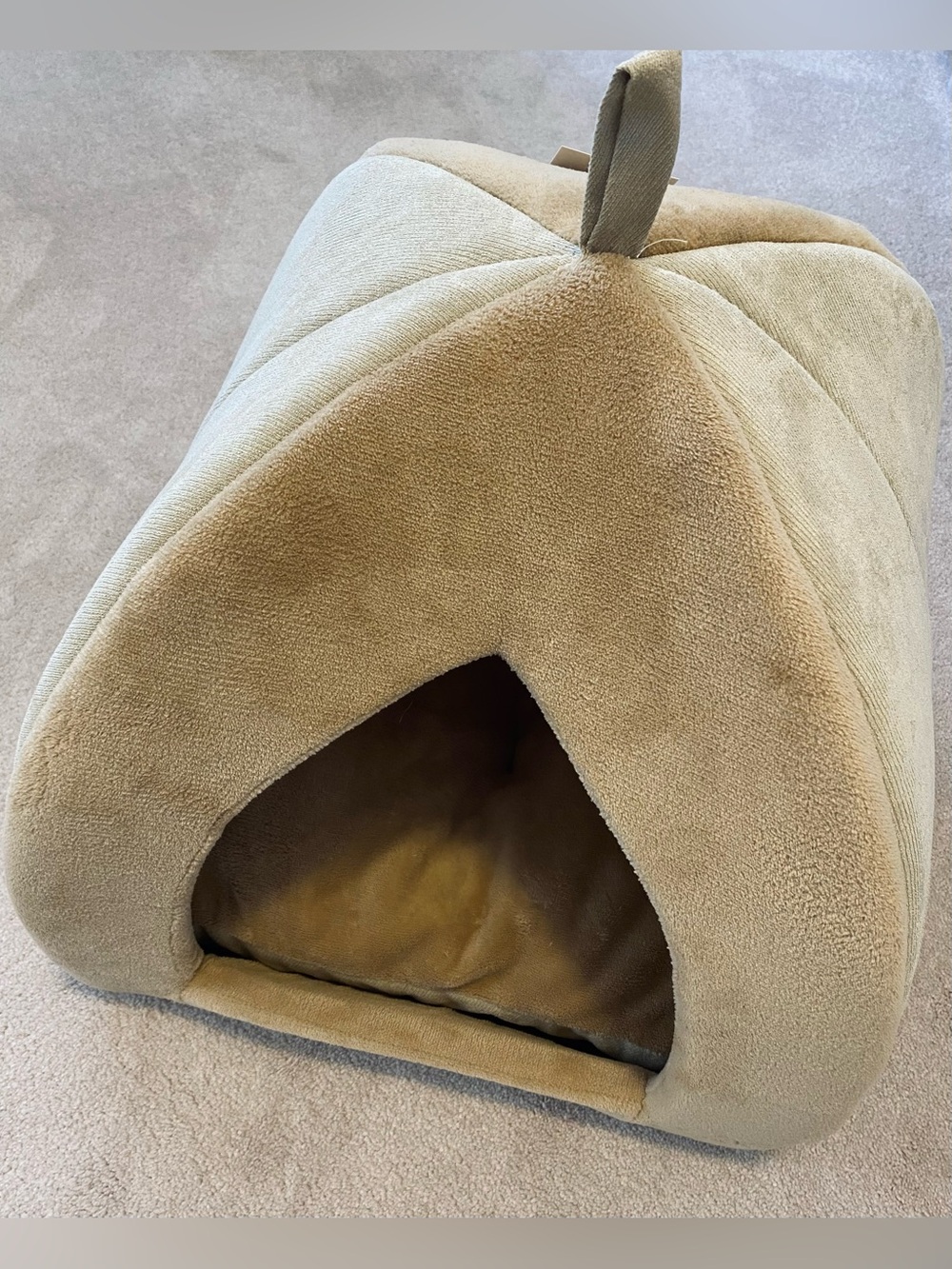 Plush Tan Cat or Dog Tent Bed with Soft Removable Interior Pillow
